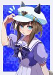  1girl animal_ears aqua_eyes arm_up bangs bow bowtie breasts brown_hair cheval_grand_(umamusume) hand_on_headwear hat hat_belt highres horse_ears horse_girl horse_tail light_blush long_hair looking_at_viewer multicolored_hair notice_lines oage_(su4i7ri_u) parted_lips school_uniform short_sleeves skirt small_breasts solo streaked_hair tail tracen_school_uniform umamusume upper_body white_headwear white_skirt 
