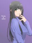  1girl absurdres bangs black_hair blue_sweater blunt_bangs breasts closed_mouth copyright_name film_grain fingers_to_mouth flying_witch green_eyes hand_to_own_mouth highres ishizuka_chihiro kowata_makoto large_breasts long_hair looking_at_viewer official_art purple_background ribbed_sweater solo sweater turtleneck turtleneck_sweater upper_body 