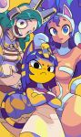  3girls animal_crossing animal_ears animal_hands ankha_(animal_crossing) armlet bangs bare_shoulders bell big_hair black_eyes blue_eyes blue_hair blunt_bangs blunt_ends boku_no_hero_academia breasts cat_ears cat_tail cel_shading commentary costume crossed_arms crossover dark-skinned_female dark_skin egyptian_clothes facial_mark felicia_(vampire) film_grain frown furry furry_female green_eyes green_hair hands_up head_tilt headgear jingle_bell large_breasts long_hair looking_at_viewer medium_breasts medium_hair midriff mr_plagu3 multicolored_eyes multiple_crossover multiple_girls navel no_pupils parted_bangs purple_eyes ragdoll_(boku_no_hero_academia) raised_eyebrows round_teeth short_eyebrows simple_background skirt sleeveless small_breasts smile striped_tail tail teeth thick_thighs thighs trait_connection tsurime upper_body v-shaped_eyebrows vampire_(game) white_fur yellow_background yellow_eyes yellow_fur yellow_skirt 
