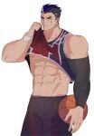  1boy abs absurdres ball bara black_hair black_shorts black_tank_top clothes_lift darius_(league_of_legends) dunkmaster_darius highres large_pectorals league_of_legends male_focus multicolored_hair muscular muscular_male navel nipples official_alternate_costume pectorals red_tank_top scar scar_across_eye scar_on_face short_hair shorts solo sweat tank_top two-tone_hair white_hair wristband xingdrdr 