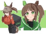  animal_ears bag baseball_cap black_pants black_shirt blush brand_name_imitation breasts brown_hair brown_shirt closed_mouth cropped_hoodie freckles green_eyes green_hoodie grin hair_through_headwear hat highres hood hoodie horse_ears horse_girl horse_tail ines_fujin_(umamusume) large_breasts long_sleeves looking_at_viewer medium_hair multiple_views one_eye_closed orange_hoodie pants shirt shirt_tucked_in side_ponytail smile tail uber_eats umamusume v yawaraka_yusen 