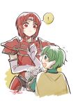  ! 1boy 1girl :d age_difference armor batoson54 blush bouquet breastplate bridal_gauntlets cape circlet fire_emblem fire_emblem:_the_binding_blade flower gift green_eyes green_hair highres lugh_(fire_emblem) melady_(fire_emblem) red_armor red_hair smile surprised yellow_cape 
