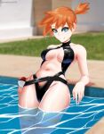  1girl aqua_eyes bikini black_bikini blue_eyes blurry blurry_background breasts closed_mouth commission deepspace highres medium_breasts misty_(pokemon) navel orange_hair partially_submerged poke_ball poke_ball_(basic) pokemon pokemon:_the_electric_tale_of_pikachu poolside side_ponytail smile solo swimsuit twitter_username wet 