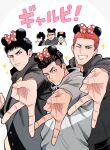  6+boys akagi_takenori black_eyes brown_hair buzz_cut gorii grey_hoodie grey_jacket highres hood hoodie jacket looking_at_viewer male_focus minnie_mouse_ears mitsui_hisashi miyagi_ryouta multiple_boys one_eye_closed outstretched_arm pompadour red_hair rukawa_kaede sakuragi_hanamichi short_hair simple_background slam_dunk_(series) sparkle v very_short_hair white_background 