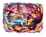  1boy abs blonde_hair cloak donquixote_doflamingo kicking male_focus one_piece one_piece_treasure_cruise open_clothes open_shirt pink_cloak shirt short_hair sunglasses white_shirt 