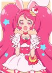  1girl :d absurdres animal_ears bangs bow cbgb commentary cure_whip dress earrings food food-themed_hair_ornament frilled_dress frilled_sleeves frills hair_ornament hairband highres jewelry kirakira_precure_a_la_mode long_hair looking_at_viewer magical_girl open_mouth pink_dress pink_hair pom_pom_(clothes) pom_pom_earrings precure puffy_short_sleeves puffy_sleeves rabbit_ears red_bow red_hairband short_dress short_sleeves smile solo standing star_(symbol) strawberry_shortcake swept_bangs twintails very_long_hair 