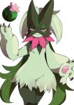  1other claws closed_mouth commentary_request furry green_fur hand_up highres looking_at_viewer meowscarada pokemon pokemon_(creature) red_eyes simple_background solo white_background yunekoko 