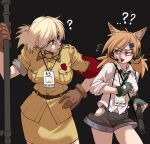  2girls ? ?? absurdres ahoge animal_ears belt black_background blonde_hair blue_eyes blue_panties breasts brown_gloves brown_hair cat_ears chtv collared_shirt commentary_request cowboy_shot girls&#039;_frontline gloves green_gloves green_necktie gun headset hellsing highres holding holding_gun holding_weapon id_card idw_(girls&#039;_frontline) korean_commentary large_breasts looking_at_another medium_hair military military_uniform miniskirt multiple_girls necktie open_mouth panties parker-hale_idw seras_victoria shirt shorts simple_background skirt sleeves_rolled_up sling striped_necktie submachine_gun suspenders sweat underwear uniform weapon white_shirt 