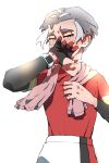  1boy bangs black_eyes blush bright_pupils collared_shirt commentary_request covering_mouth dynamax_band furrowed_brow gloves grey_hair half-closed_eyes highres holding holding_towel kabu_(pokemon) male_focus nyoripoke partially_fingerless_gloves pokemon pokemon_(game) pokemon_swsh red_shirt shirt short_hair shorts simple_background single_glove solo tearing_up towel towel_around_neck undershirt white_background white_pupils white_shorts 