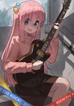  1girl blue_eyes bocchi_the_rock! commentary_request copyright_name cube_hair_ornament electric_guitar feet_out_of_frame gibson_les_paul gotou_hitori guitar hair_between_eyes hair_ornament hair_over_eyes holding holding_instrument indoors instrument jacket katsu_(katsupainter) long_hair long_sleeves looking_at_viewer music one_side_up open_mouth pink_hair pink_jacket playing_instrument pleated_skirt shaded_face sitting skirt solo stairwell track_jacket 