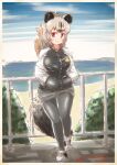  1girl against_railing alternate_costume animal_ears bangs beach black_hair black_pantyhose black_skirt border brown_eyes closed_mouth colored_inner_hair dated day extra_ears full_body grey_hair hands_in_pockets highres horizon hyena_ears hyena_girl hyena_tail jacket japari_symbol kemono_friends long_hair long_sleeves looking_at_viewer miniskirt multicolored_hair nakashi_masakumi ocean outdoors pantyhose pocket railing sand shoes skirt smile solo spotted_hyena_(kemono_friends) standing tail water white_border zipper 