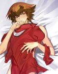  1boy blush brown_eyes brown_hair cocaduel covered_abs hand_on_own_face highres jacket looking_down male_focus nude on_bed red_jacket short_hair solo sweatdrop yu-gi-oh! yu-gi-oh!_gx yuuki_juudai 