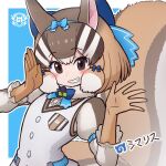  1girl animal_ears brown_eyes brown_hair chipmunk_ears chipmunk_girl chipmunk_tail da_(bobafett) extra_ears gloves kemono_friends kemono_friends_v_project looking_at_viewer microphone ribbon shirt short_hair siberian_chipmunk_(kemono_friends) simple_background smile solo tail vest virtual_youtuber 