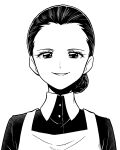  1girl absurdres apron black_dress collared_dress dress greyscale hair_bun hair_net hair_pulled_back halftone highres isabella_(yakusoku_no_neverland) looking_at_viewer monochrome parted_lips portrait simple_background smile solo straight-on white_apron white_background yakusoku_no_neverland ziburikito 