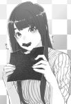  1girl bangs blunt_bangs checkered_background eating flying_witch food greyscale highres holding holding_food ishizuka_chihiro kowata_makoto long_hair looking_at_viewer monochrome nori_(seaweed) official_art shirt sleeves_rolled_up solo striped striped_shirt 