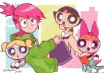  4girls :d :o black_hair blonde_hair blossom_(ppg) blue_eyes bow bubbles_(ppg) buttercup_(ppg) closed_mouth danishi dress ear_piercing foster&#039;s_home_for_imaginary_friends frankie_foster green_eyes green_jacket hair_bow hair_ornament hairclip jacket looking_at_viewer multiple_girls open_mouth pantyhose piercing powerpuff_girls purple_skirt red_eyes red_hair shirt shoes sitting sitting_on_person skirt smile socks toon_(style) twintails white_shirt 