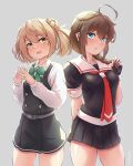  2girls ahoge arthur_ko belt black_dress black_gloves black_serafuku black_skirt blue_eyes blush braid breasts brown_background brown_hair buttons collared_shirt cowboy_shot double_bun dress fingerless_gloves gloves gradient_background grey_belt hair_between_eyes hair_bun hair_flaps highres kantai_collection light_brown_hair long_hair long_sleeves looking_at_viewer michishio_(kancolle) michishio_kai_ni_(kancolle) multiple_girls neckerchief open_mouth parted_lips pinafore_dress pleated_skirt red_neckerchief school_uniform serafuku shigure_(kancolle) shigure_kai_ni_(kancolle) shirt short_hair short_sleeves single_braid skirt small_breasts twitter_username white_shirt yellow_eyes 