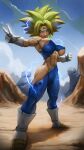  1girl abs absurdres battle_damage blonde_hair blue_bodysuit blue_eyes blue_sky bodysuit boots clenched_hand closed_mouth cosplay covered_nipples dragon_ball dragon_ball_super dragon_ball_z earrings electricity elite_nappa facial_mark forehead_mark gloves highres jewelry kefla_(dragon_ball) majin_vegeta muscular muscular_female outdoors potara_earrings sky solo spiked_hair standing super_saiyan super_saiyan_2 torn_bodysuit torn_clothes vegeta vegeta_(cosplay) w white_footwear white_gloves 
