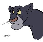  bagheera_(jungle_book) black_body black_eyebrows black_eyes black_fur black_pupils brimsby brown_nose eyebrows felid feral freckles frown fur grey_body grey_fur grey_muzzle looking_aside looking_up male mammal multicolored_body multicolored_fur nude pantherine pupils signature simple_background sketch solo the_jungle_book thick_eyebrows whiskers white_background yellow_sclera 