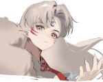  1boy bangs bishounen cbow claws closed_mouth demon_boy eyeshadow facial_mark forehead_mark grey_hair inuyasha japanese_clothes long_hair looking_at_viewer makeup male_focus parted_bangs pointy_ears red_eyeshadow sesshoumaru shoulder_spikes solo spikes upper_body white_background white_fur yellow_eyes 