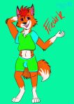  absurd_res anthro bulge canid canine canis clothed clothing digital_media_(artwork) english_text fox fred frederick fur hair hi_res humanoid male mammal red_hair simple_background smile solo tail text thebonebutterfly 