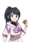  1boy asatsuki_(fgfff) bangs black_hair black_shirt closed_mouth commentary_request grey_eyes hand_up holding holding_poke_ball jacket long_hair long_sleeves looking_at_viewer male_focus pearl_clan_outfit poke_ball poke_ball_(legends) pokemon pokemon_(game) pokemon_legends:_arceus ponytail rei_(pokemon) shirt simple_background smile solo split_mouth upper_body white_background 