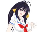  1girl absurdres ahoge bangs black_hair breasts collarbone crossover hair_between_eyes head_tilt high_school_dxd high_school_fleet highres himejima_akeno large_breasts long_hair name_connection neckerchief open_mouth portrait purple_eyes red_neckerchief sailor sailor_collar school_uniform serafuku shirt simple_background solo uniform upper_body white_background white_shirt yokosuka_girls_marine_high_school_uniform 