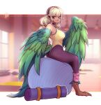  1girl 77shaya77 ball bare_shoulders bird_legs bird_tail black_hairband black_leggings blonde_hair breasts commentary commission ear_piercing english_commentary exercise_ball feathers green_feathers green_wings hairband harpy highres indoors jewelry leggings long_hair looking_at_viewer medium_breasts monster_girl necklace original piercing pink_leg_warmers pointy_ears procreate_(medium) sitting_on_ball smile solo tail tail_feathers talons tan tank_top twitter_username winged_arms wings yellow_eyes yellow_tank_top yoga_mat 