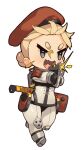  1girl angry beret black_gloves blonde_hair blue_eyes bodysuit chibi double_bun firing gloves gun hair_bun hat holding holding_gun holding_weapon holster machete open_mouth original plugsuit red_headwear running scabbard sheath solo two-handed v-shaped_eyebrows vins-mousseux weapon white_bodysuit 