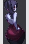  1girl absurdres ass black_hair blue_skin bubene bubenebenebe colored_skin dress highres long_hair looking_at_viewer looking_back red_dress red_eyes side_ponytail skullgirls solo squigly_(skullgirls) zombie 