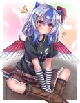  1girl absurdres bird_wings blue_hair blush brown_eyes feathered_wings grey_hair hair_between_eyes head_wings highres horns jirai_kei multicolored_hair parted_lips red_wings short_hair single_head_wing siw0n solo tokiko_(touhou) touhou two-tone_hair wings 