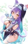  1girl animal_ears ass breast_curtains breasts cat_ears cat_girl cat_tail cleavage covered_nipples curvy dress fish gloves headdress highres large_breasts looking_at_viewer misekiss nun original purple_hair revealing_clothes solo tail thick_eyebrows thigh_strap thighs unzipped white_gloves yellow_eyes zipper 