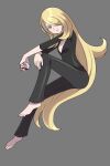  1girl asatsuki_(fgfff) barefoot black_nails black_pants black_shirt blonde_hair commentary_request cynthia_(pokemon) from_side full_body grey_background grey_eyes hair_over_one_eye highres holding holding_poke_ball invisible_chair long_hair looking_to_the_side nail_polish pants poke_ball poke_ball_(basic) pokemon pokemon_(game) pokemon_dppt shirt simple_background sitting sleeves_past_elbows solo toes v-neck very_long_hair 