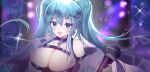  absurdres blue_eyes blue_hair breasts highres large_breasts league_of_legends microphone open_mouth pelicana smile sona_(league_of_legends) star_(symbol) 