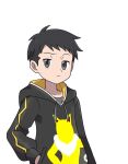  1boy asatsuki_(fgfff) bangs black_hair black_hoodie character_print closed_mouth commentary_request frown grey_eyes grey_shirt half-closed_eyes hand_in_pocket hood hood_down hoodie hypno looking_at_viewer lucas_(pokemon) male_focus pokemon pokemon_(game) pokemon_bdsp shirt short_hair simple_background solo tassel upper_body white_background 