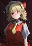  1girl ascot bangs blonde_hair blunt_bangs blush breasts closed_mouth crystal curtains flandre_scarlet hat head_tilt heart heart-shaped_pupils highres indoors light_frown looking_at_viewer medium_breasts medium_hair mob_cap object one_side_up puffy_short_sleeves puffy_sleeves red_eyes red_vest short_sleeves sketch solo symbol-shaped_pupils tears touhou upper_body vest wavy_hair wings yellow_ascot 