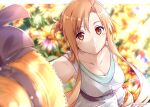  1girl alternate_costume asuna_(sao) asymmetrical_bangs bangs blurry blurry_background blurry_foreground braid breasts brown_eyes brown_hair cleavage collarbone day detached_sleeves dress field flower flower_field french_braid from_above hat highres holding holding_clothes holding_hat long_hair looking_at_viewer outdoors shi-2 short_ponytail sleeveless sleeveless_dress solo straw_hat sundress sunflower sunlight sword_art_online twitter_username white_dress white_sleeves 