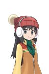  1girl asatsuki_(fgfff) bangs beanie black_hair closed_mouth commentary_request dawn_(pokemon) earmuffs eyelashes grey_eyes hat jacket long_hair looking_at_viewer pokemon pokemon_(game) pokemon_bdsp sidelocks simple_background smile solo split_mouth upper_body white_background winter_clothes zipper_pull_tab 