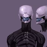  1:1 ambiguous_gender black_body black_skin blue_mouth blue_teeth eyeless front_view hi_res humanoid meandraco monster noseless sharp_teeth side_view simple_background solo teeth 