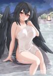  1girl absurdres arm_at_side bangs bird_wings black_hair black_wings blush breasts brown_eyes bush cleavage closed_mouth collarbone commentary_request covering eyelashes feet_out_of_frame hair_between_eyes hand_rest hand_up head_tilt highres holding holding_towel large_breasts long_hair looking_at_viewer naked_towel navel night nose_blush nude nude_cover o1118 onsen outdoors parted_bangs red_eyes reiuji_utsuho see-through sitting sky smile soaking_feet solo star_(sky) starry_sky steam touhou towel very_long_hair water wet wet_towel wings 