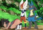  antelope anthro ash_(disambiguation) bovid butt cinderace dik-dik drguilmom69 generation_4_pokemon generation_8_pokemon group hi_res lucario male male/male mammal nintendo pokemon pokemon_(species) trio true_antelope 