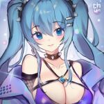  blue_eyes blue_hair bracelet breasts collar jewelry large_breasts league_of_legends long_hair lowres pelicana smile sona_(league_of_legends) 