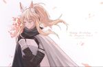  animal_ears arknights armor blonde_hair breastplate breasts cape cherry_blossoms cowboy_shot hand_on_own_chest happy_birthday headset highres horse_ears horse_girl horse_tail implied_extra_ears large_breasts long_hair nearl_(arknights) shusxida tail white_armor 