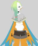  1girl absurdres animal_ears artist_name bangs bird_ears bird_legs blue_feathers braid colored_skin feathers gimli34 gradient_hair green_hair grey_background grey_poncho grin hair_over_one_eye harpy highres hip_vent long_hair mako_(eogks) monster_girl multicolored_hair navel orange_feathers original sharp_teeth shorts smile solo teeth two-tone_wings white_skin winged_arms wings 