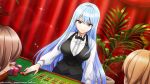  1girl blue_hair bow bowtie breasts buttons casino dolphin_wave highres large_breasts long_hair nayuki_hiori official_art ootomo_takuji plant poker_chip potted_plant red_curtains red_eyes roulette_table shirt sparkle table very_long_hair vest white_shirt 