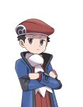  1boy asatsuki_(fgfff) black_hair blue_coat closed_mouth coat commentary_request crossed_arms frown grey_eyes hat long_sleeves looking_at_viewer lucas_(pokemon) male_focus open_clothes open_coat pokemon pokemon_(game) pokemon_dppt pokemon_platinum poketch red_headwear red_sweater scarf short_hair simple_background solo sweater upper_body watch white_background white_scarf wristwatch 