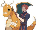  1boy bandages belt closed_mouth dragonite from_side holding jacket jaho lance_(pokemon) male_focus pants pokemon pokemon_(creature) pokemon_(game) pokemon_hgss red_hair short_hair sleeves_rolled_up smile spiked_hair transparent_background 