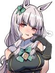  1girl adapted_costume animal_ears bangs black_gloves blunt_bangs blush bow bowtie breasts commentary drill_locks gloves gold_ship_(umamusume) green_bow green_bowtie grey_hair highres horse_ears horse_girl kawamochi_(tddm3573) large_breasts long_hair looking_at_viewer pink_eyes simple_background solo tongue tongue_out umamusume upper_body white_background 