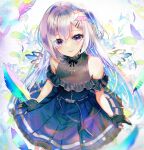  1girl amane_kanata bare_shoulders black_gloves dress feathers fingerless_gloves frills gloves grey_hair hair_ornament hairclip halo hololive jewelry looking_at_viewer necklace official_alternate_costume partially_fingerless_gloves purple_eyes short_hair skirt smile solo sowon star_(symbol) star_halo star_necklace virtual_youtuber 