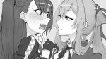  2girls black_gloves blush embarrassed eye_contact girls&#039;_frontline gloves grabbing_another&#039;s_chin greyscale hair_between_eyes hair_rings hand_on_another&#039;s_chin highres looking_at_another monochrome multiple_girls nakiusagi open_mouth springfield_(girls&#039;_frontline) sweat upper_body wa2000_(girls&#039;_frontline) white_gloves yuri 